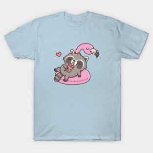 Cute Raccoon Chilling on Flamingo Pool Float T-Shirt